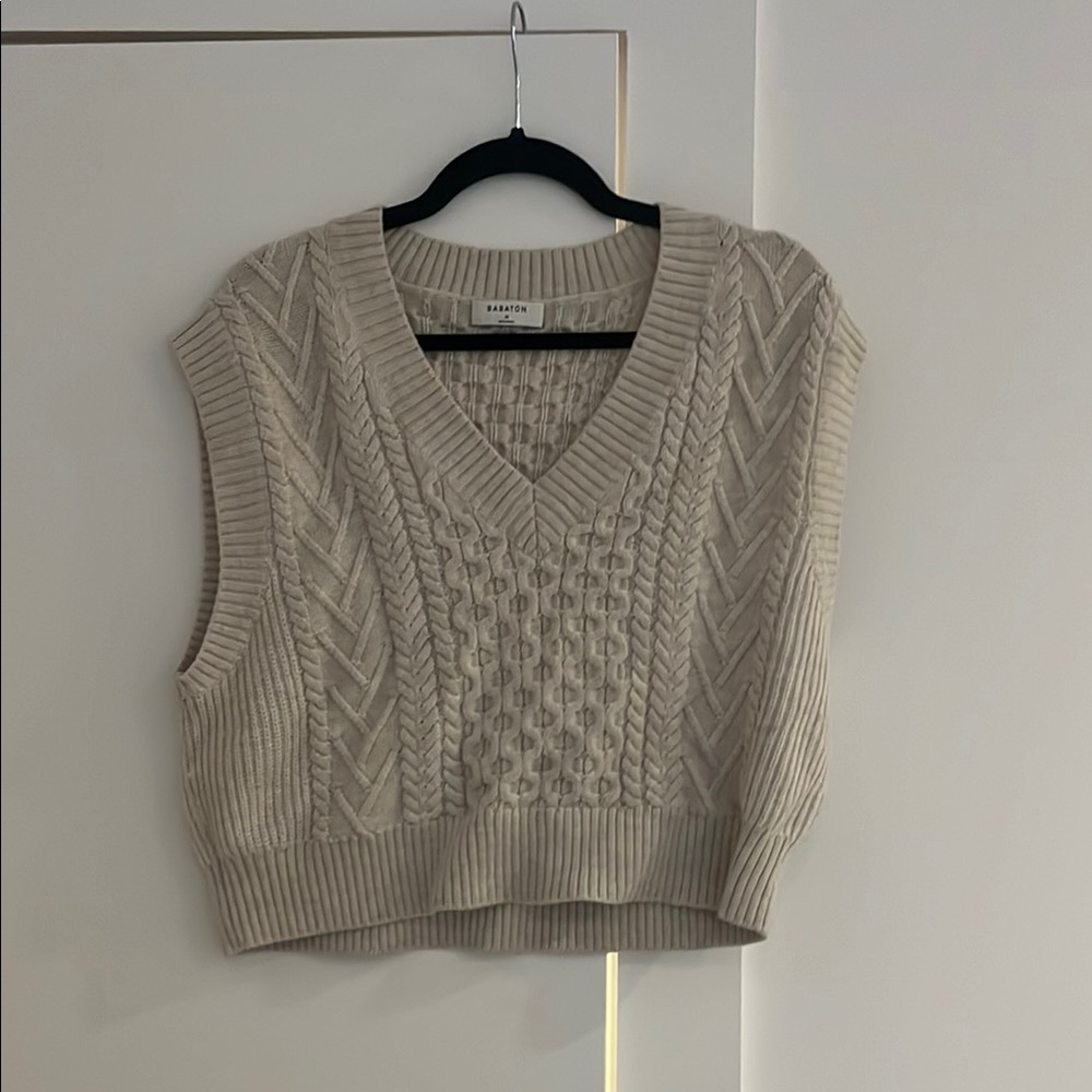 Aritzia Cream V-Neck Sweater with Cable Knit